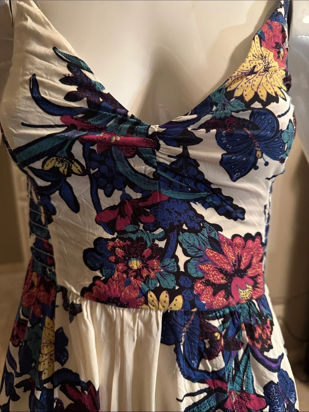 Free People Cream Maxi Dress with Blue, Green & Maroon Floral Print, Sz Small